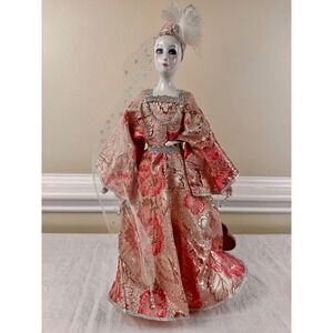 J and J Design Hand Painted Porcelain Doll Pink Gold Brocade High Fashion 15.5in